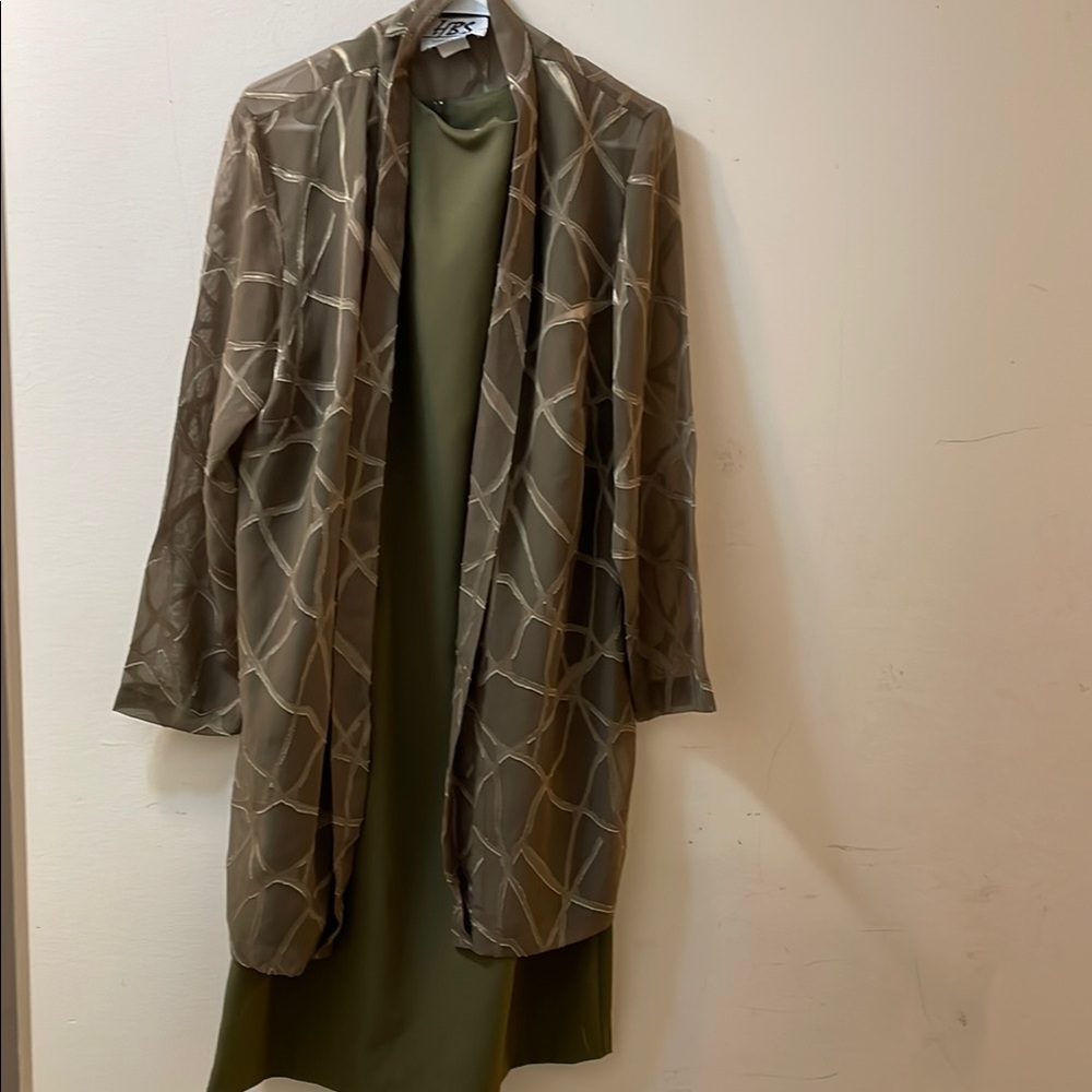 HBS Olive Green Dress with Sheer Brown Patterned Cardigan size 14W
